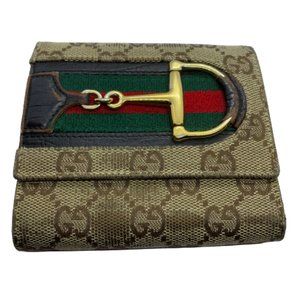Authentic GUCCI Vintage Brown / Tan Canvas & Leather Green & Red Striped Wallet